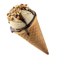 Ice cream cone and ice cream in a glass dessert with chocolate sauce and vanilla cream on white background