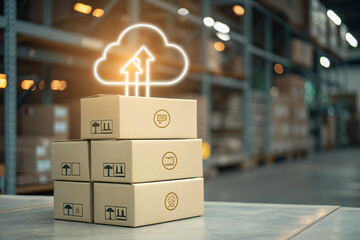 stacked product boxes with cloud sync glowing icon
