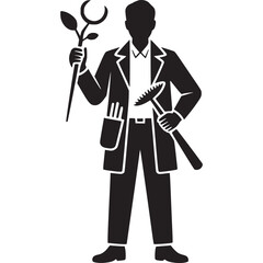 Silhouette of a man in a suit holding a plant and a rake on a light gray background design art on transparent background