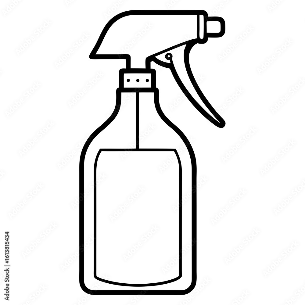 Poster simple outline drawing of a spray bottle with a trigger mechanism isolated on white background silho