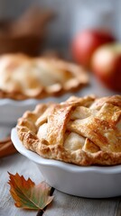 Mini apple pie baking in a white ceramic dish on rustic table
