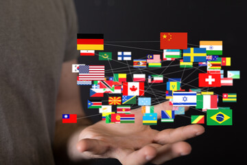 Image of interconnected flags representing global networking, international business, or worldwide...