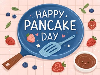 Art of happy pancake day with strawberries, blueberries, and chocolate sauce