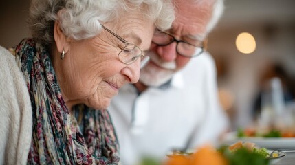 Elderly couple sharing a tender moment at home as they enjoy a healthy meal together