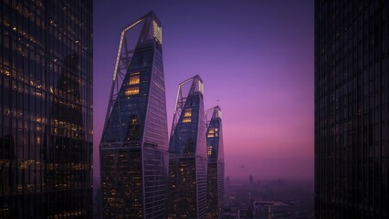 Obraz premium Three skyscrapers stand tall against a vibrant purple and pink sunset sky in an urban landscape view