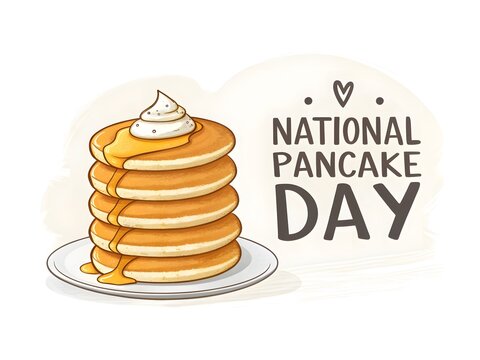 Art of a delicious stack of pancakes with syrup and whipped cream for national pancake day
