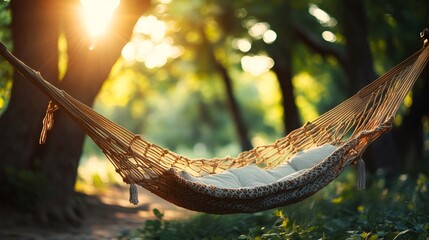 Empty hammock swinging gently in summer sunlight in a forest