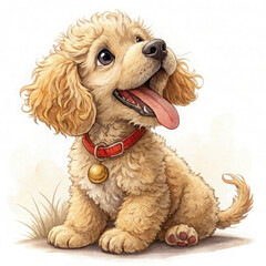 A playful puppy with golden curly fur, sitting with its tongue sticking out slightly. It has big brown eyes, floppy ears, and a little red collar with a golden bell.