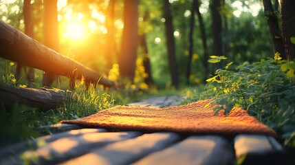Orange knitted blanket lying on wooden pathway at sunset in a forest