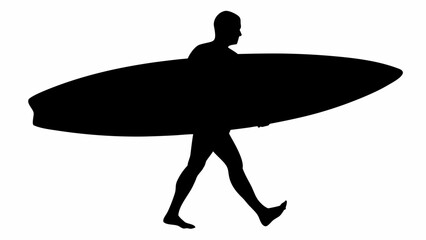 Silhouette of a person walking with a surfboard under their arm on a white background image view