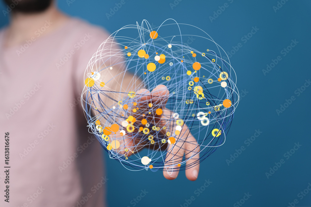 Poster abstract image of a hand interacting with a digital network. ideal for technology, connection, and g