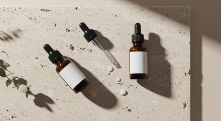Minimalist skincare product display with glass dropper bottles on stone surface for beauty design
