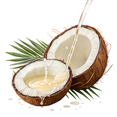 Coconut on white background fresh tropical fruit with brown shell and milk isolated