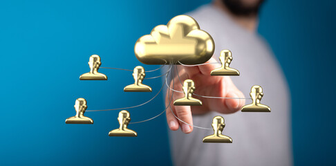 Image depicts a golden cloud connected to multiple golden profile icons, symbolizing secure data...