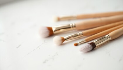 Obraz premium Makeup Brushes Set on Marble Background for Beauty and Cosmetics