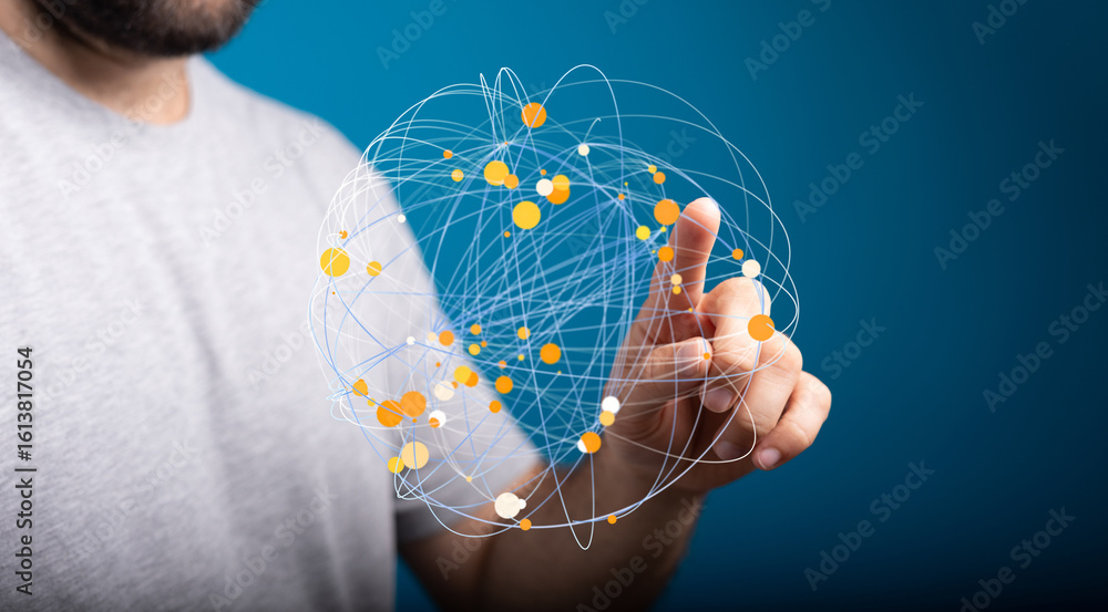 Aufkleber person uses finger to interact with a digital sphere representing a global network. concept of conne