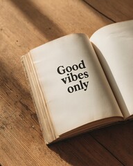 Good vibes only inspiring open book on wooden table in warm light – cozy reading environment
