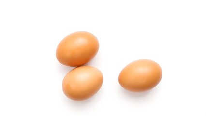 Fresh brown eggs with natural texture, isolated on a pure white background under soft overhead lighting.
