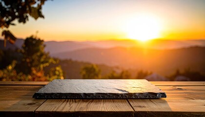 Sunset Landscape with Blurry Haze and Golden Sky Featuring Wooden Table and Stone Board