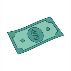 Simple cartoon illustration of a green dollar bill with a dollar sign money currency