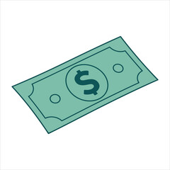 Simple flat design of a teal dollar bill with a dark teal dollar sign money currency
