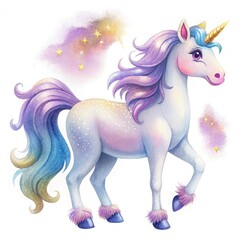 A shimmering unicorn with a silky white coat and a pastel rainbow mane. Its golden horn sparkles with magic, and its tail flows gently behind it. Its big violet eyes radiate kindness