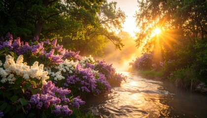 Sunlit Lilac And Ivory Flowers Flowing Beside A Stream With Warm Haze And Natural Landscape