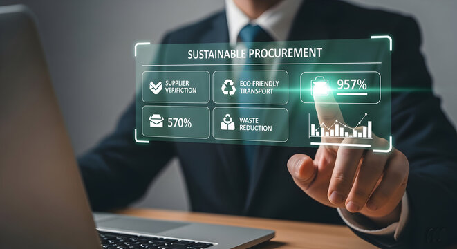 Businessman interacts with a holographic display showing sustainable procurement metrics
