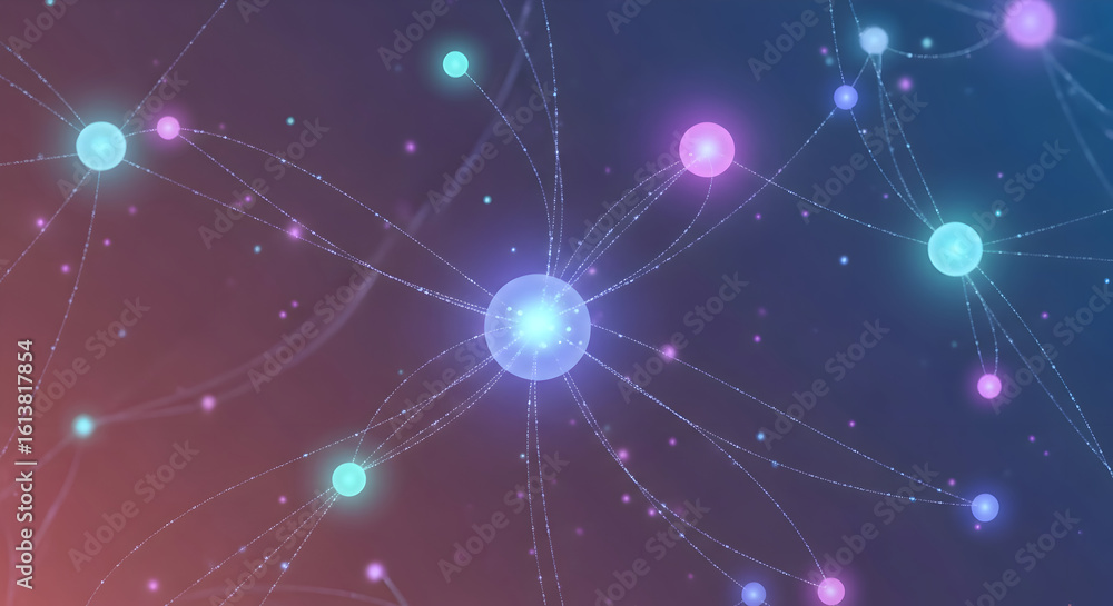 Poster abstract digital network connecting glowing spheres and particles with a cosmic background gradient