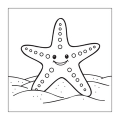 Cute Smiling Starfish on the Sand, Cartoon Coloring Page


