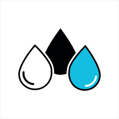 Three stylized water drops one black one blue and one outline on white liquid droplet