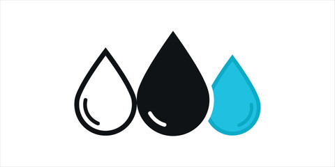 Three stylized water drops in black white and blue on white background liquid drop