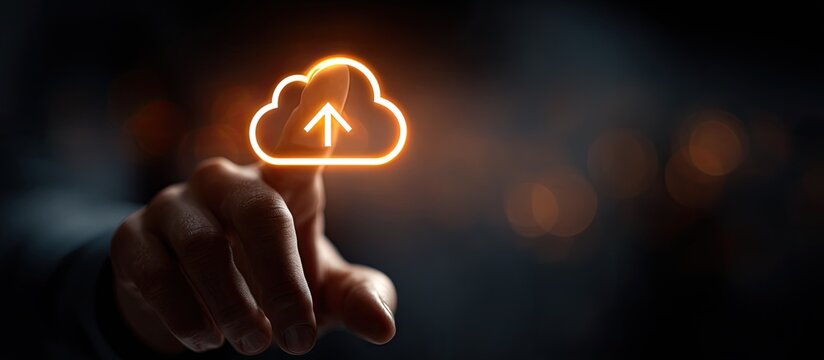 Hand points to glowing cloud upload icon