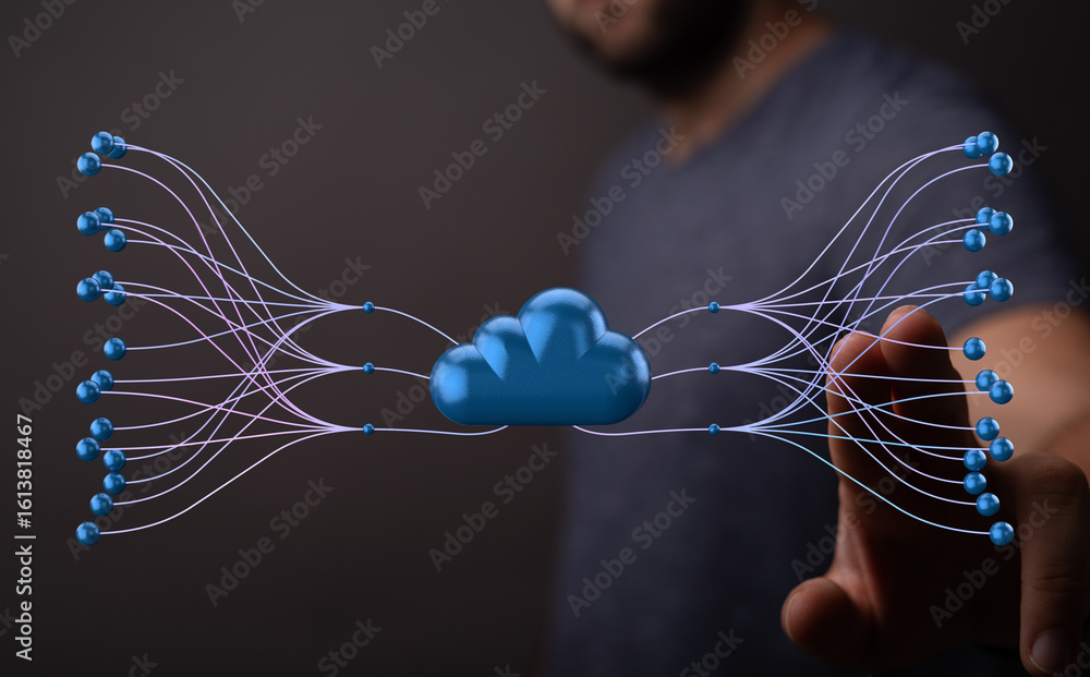Poster high-quality image depicting cloud computing, network connections, and data flow.