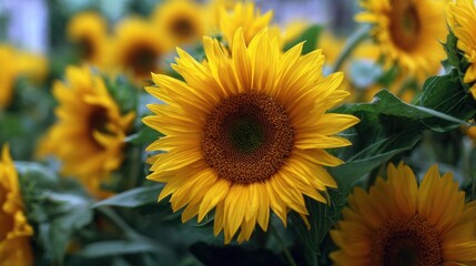 Fototapeta premium Vivid sunflowers stand tall in a field, their yellow petals bright against a backdrop of green leaves. This lively scene captures the beauty of summer in full bloom