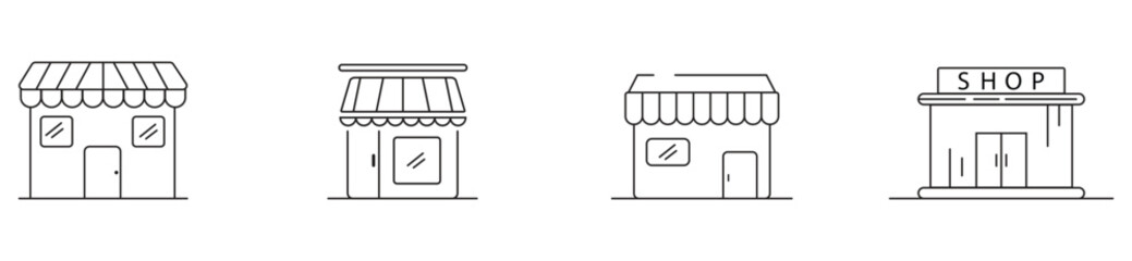 Marketplace and shop icon set in outline and solid design. Retail store, shopping, and business concept vector illustration.