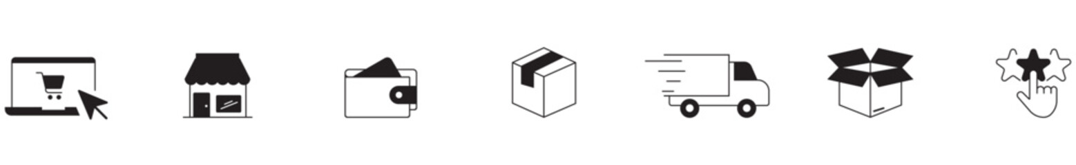 Online shopping delivery stages: illustrated order tracking icons
