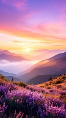 Sunset over mountain range with vibrant pink and purple sky and fog between mountain peaks