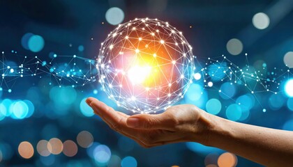 A hand holds a glowing digital network sphere with interconnected nodes, symbolizing technology, data, and connectivity in a futuristic setting.
