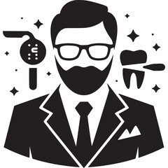 A dentist with beard and glasses in a suit with dental tools and a tooth illustrated in black and white on transparent background