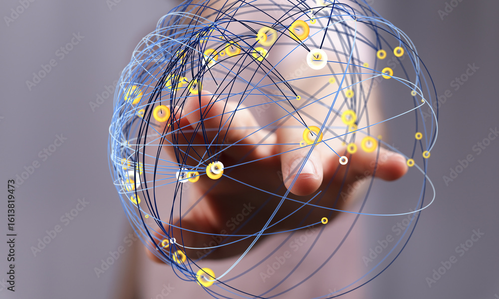 Poster abstract image depicting a hand interacting with a digital network sphere. represents connection, te