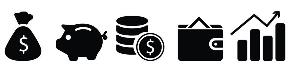 Money and finance symbol set. Flat vector icons of wallet, coins, stash, and piggy bank for business concepts.