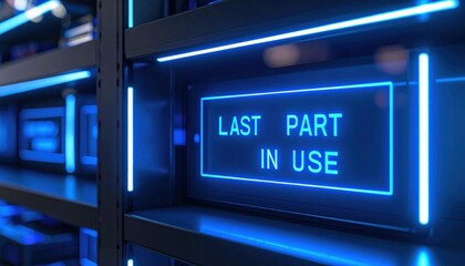 A close-up of a blue illuminated sign reading "LAST PART IN USE" among dark industrial shelving with modern LED lighting.