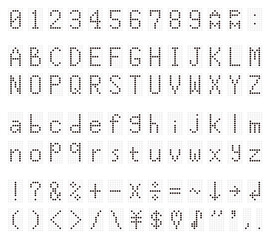 デジタル文字と数字。液晶モニターにアルファベット。時計の文字。黒の背景にデジタルのフォント。