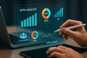 Data analyst dashboard interface displaying customer analysis advertising performance total sales and bar charts using futuristic digital tools for business intelligence insights