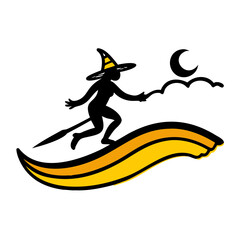 Vector art of a cartoon witch is flying on a broom at night isolated on white background