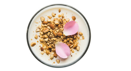 Overhead shot of pudding dessert with nuts and pink flower petals isolated PNG with Transparent Background