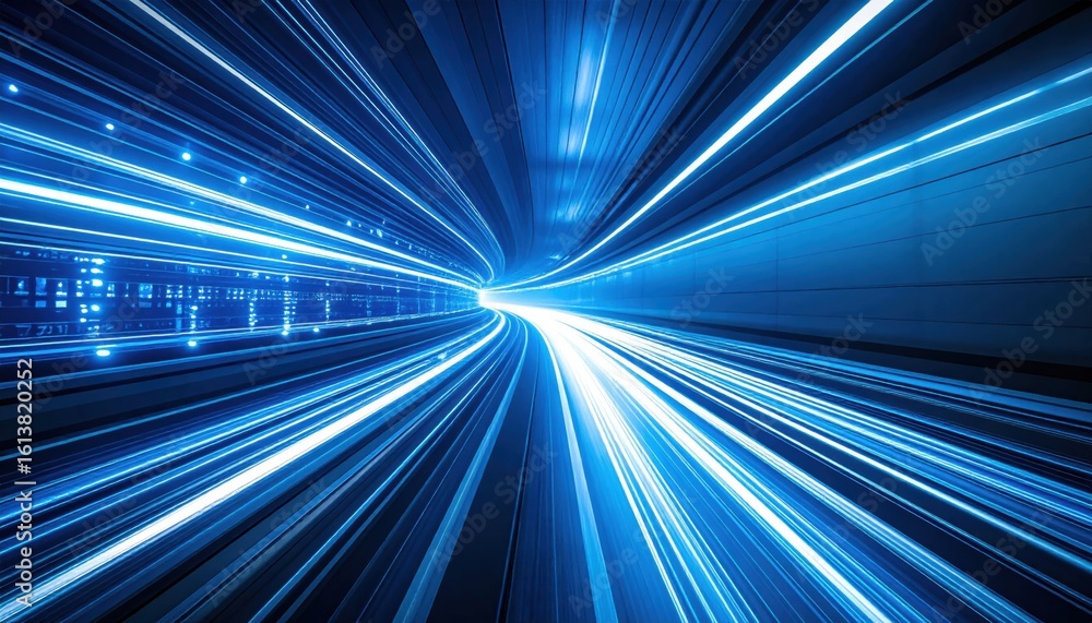 Poster a dynamic long-exposure image of a futuristic tunnel with bright blue light trails converging toward