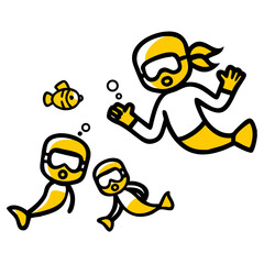 Vector art of a family of scuba diving mermaids with a fish isolated on white background