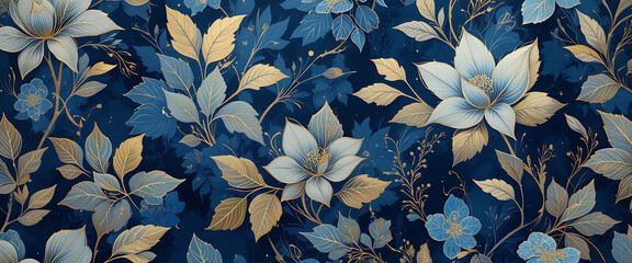 abstract Japanese style retro floral seamless pattern in blue gradient combination outlines art in dark blue background, intricate details, oil painting, seamless pattern, soft brush touch style, arti